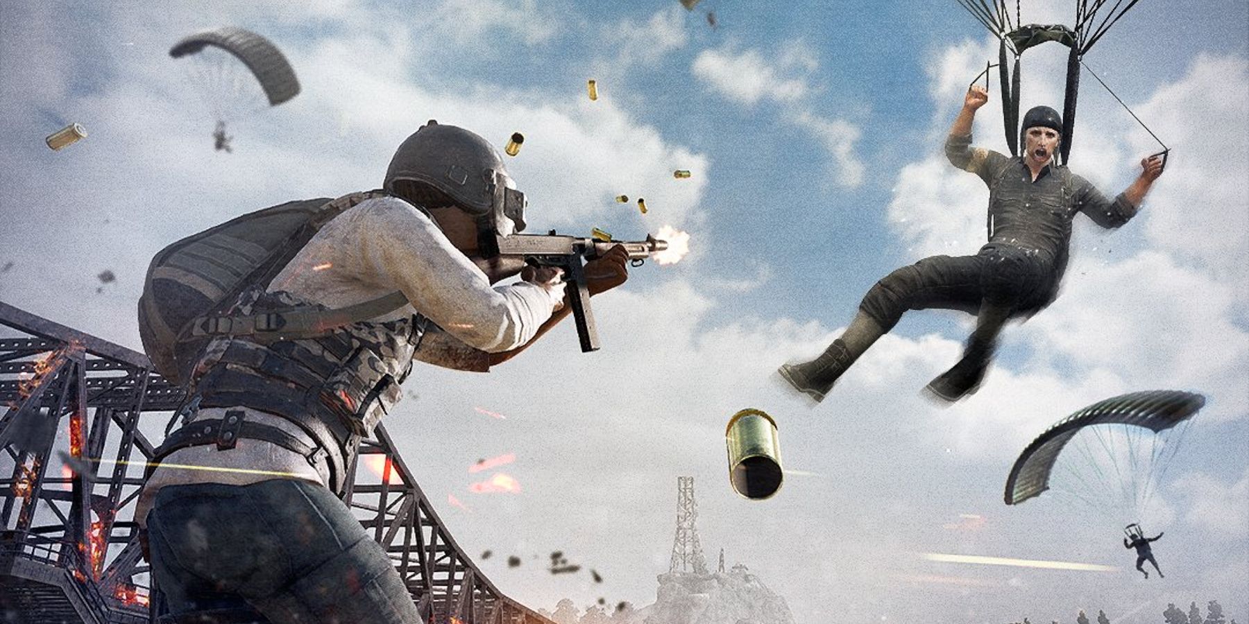 Key art image from PUBG: Battlegrounds video game of armed character shooting at a man parachuting in air.