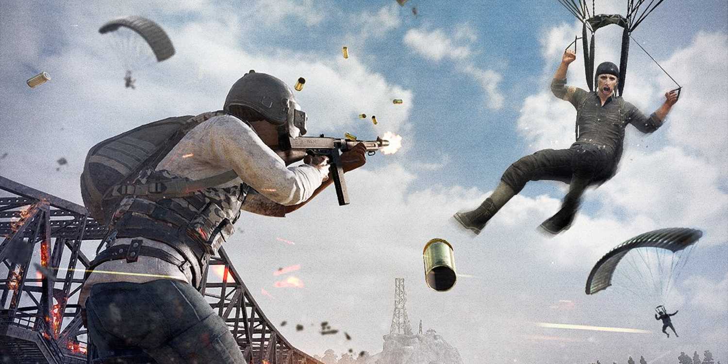 Key art image from PUBG: Battlegrounds video game of armed character shooting at a man parachuting in air.
