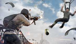 Key art image from PUBG: Battlegrounds video game of armed character shooting at a man parachuting in air.