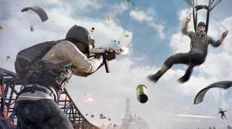 Key art image from PUBG: Battlegrounds video game of armed character shooting at a man parachuting in air.