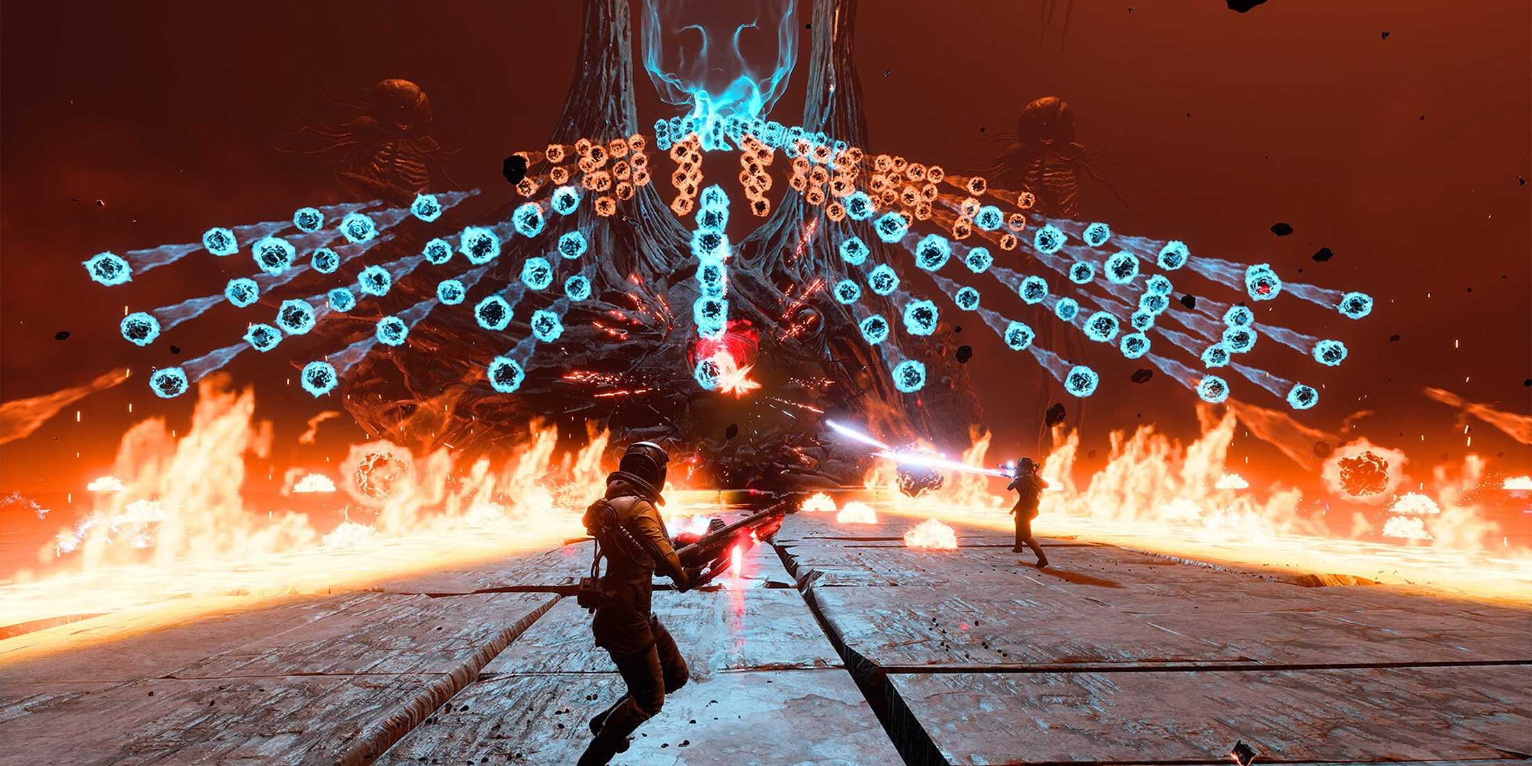 Screenshot from Returnal video game of two players fighting giant enemy that is firing hundreds of damaging orbs at players, surrounded by fire.