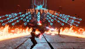 Screenshot from Returnal video game of two players fighting giant enemy that is firing hundreds of damaging orbs at players, surrounded by fire.