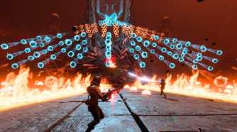 Screenshot from Returnal video game of two players fighting giant enemy that is firing hundreds of damaging orbs at players, surrounded by fire.