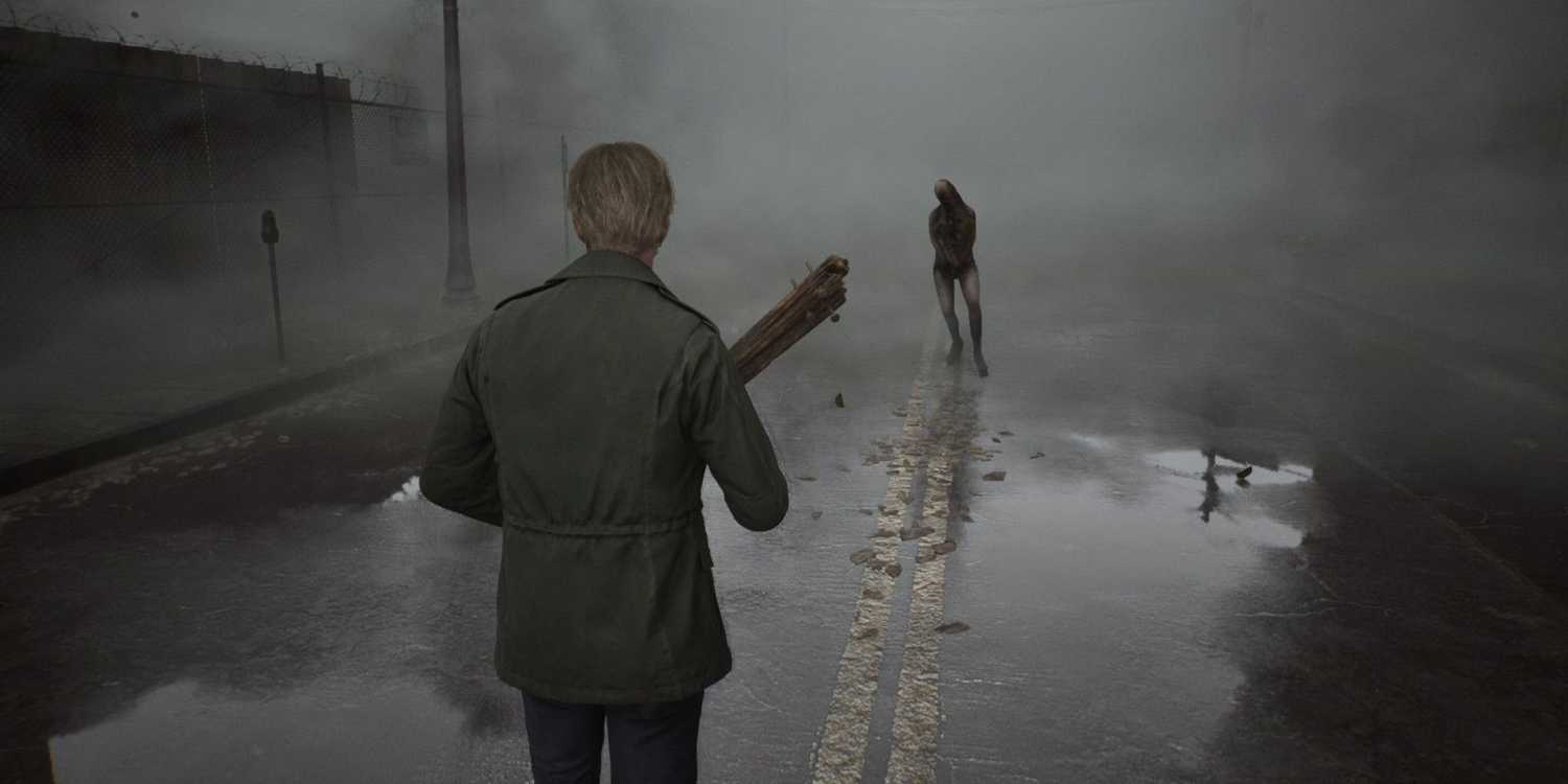 James fighting a monster on a foggy street