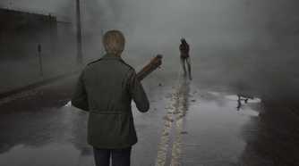 James fighting a monster on a foggy street