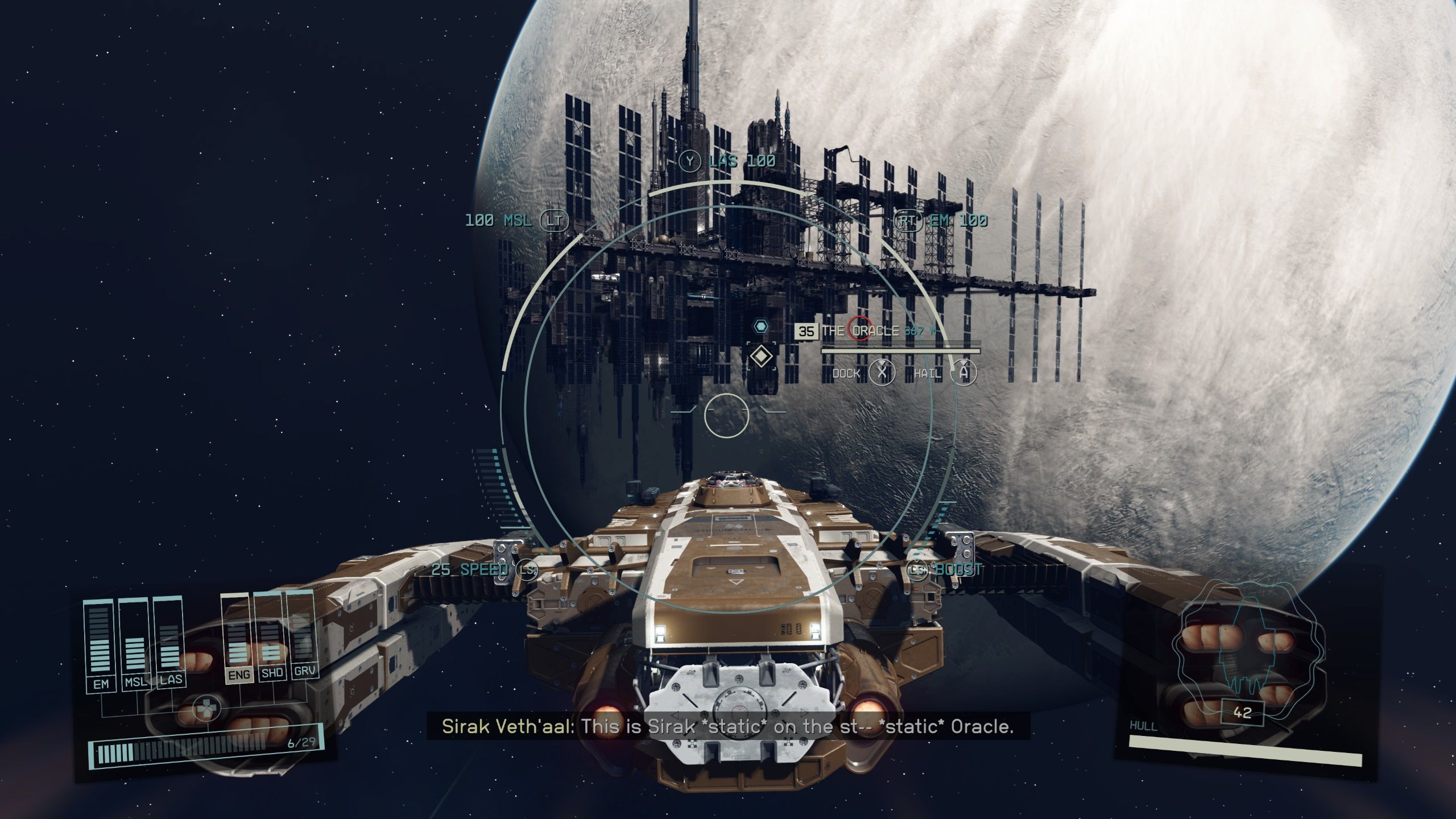 A screenshot of space flight in Starfield