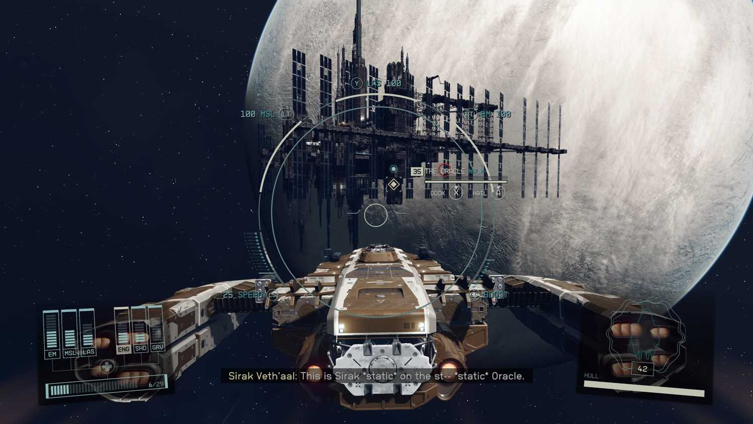 A screenshot of space flight in Starfield