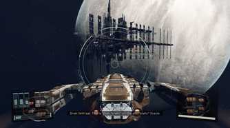 A screenshot of space flight in Starfield