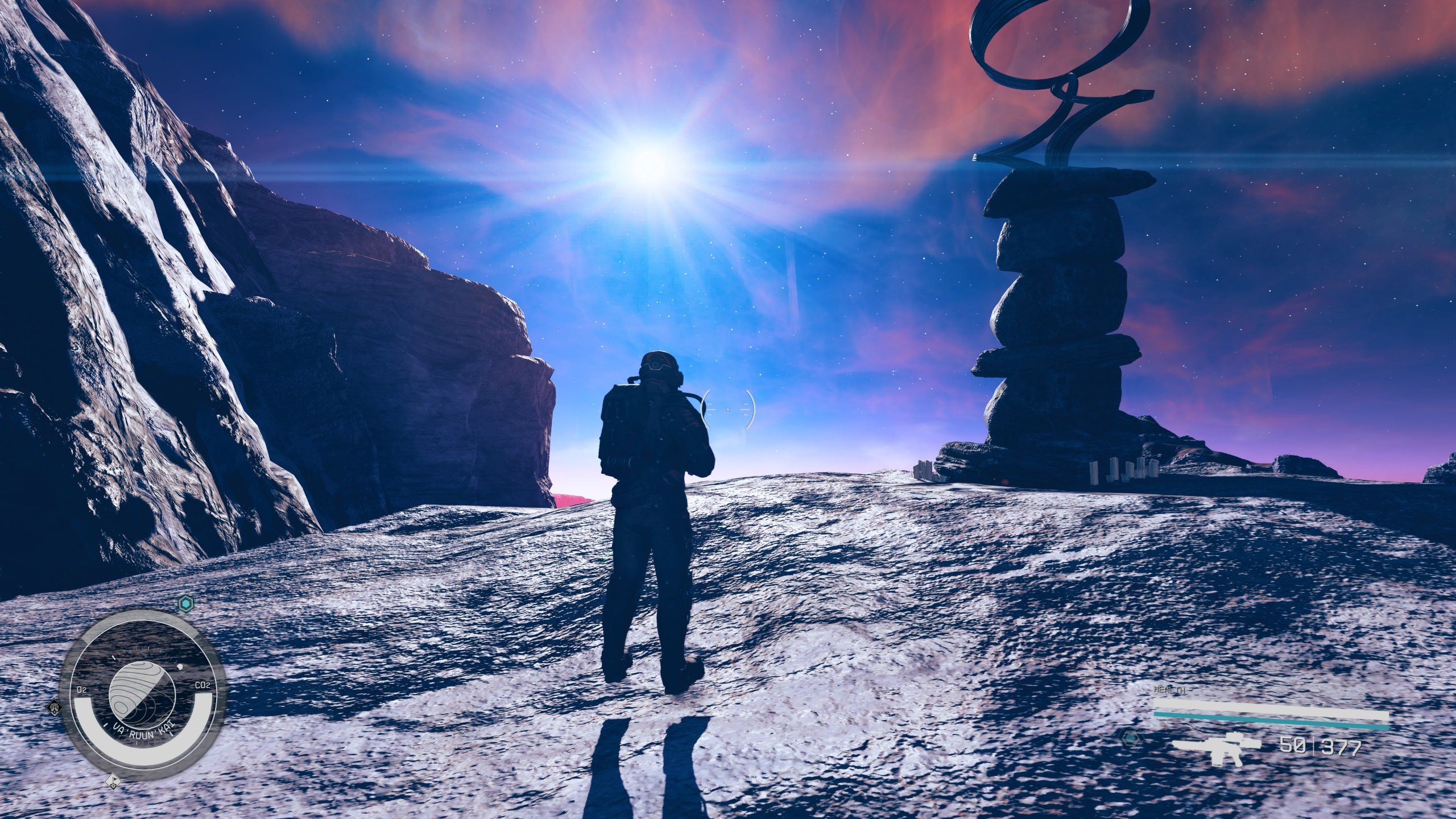 the player character exploring a barren planet