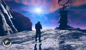 the player character exploring a barren planet