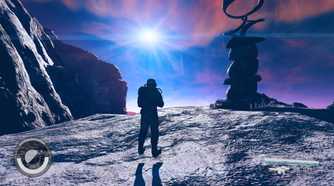 the player character exploring a barren planet