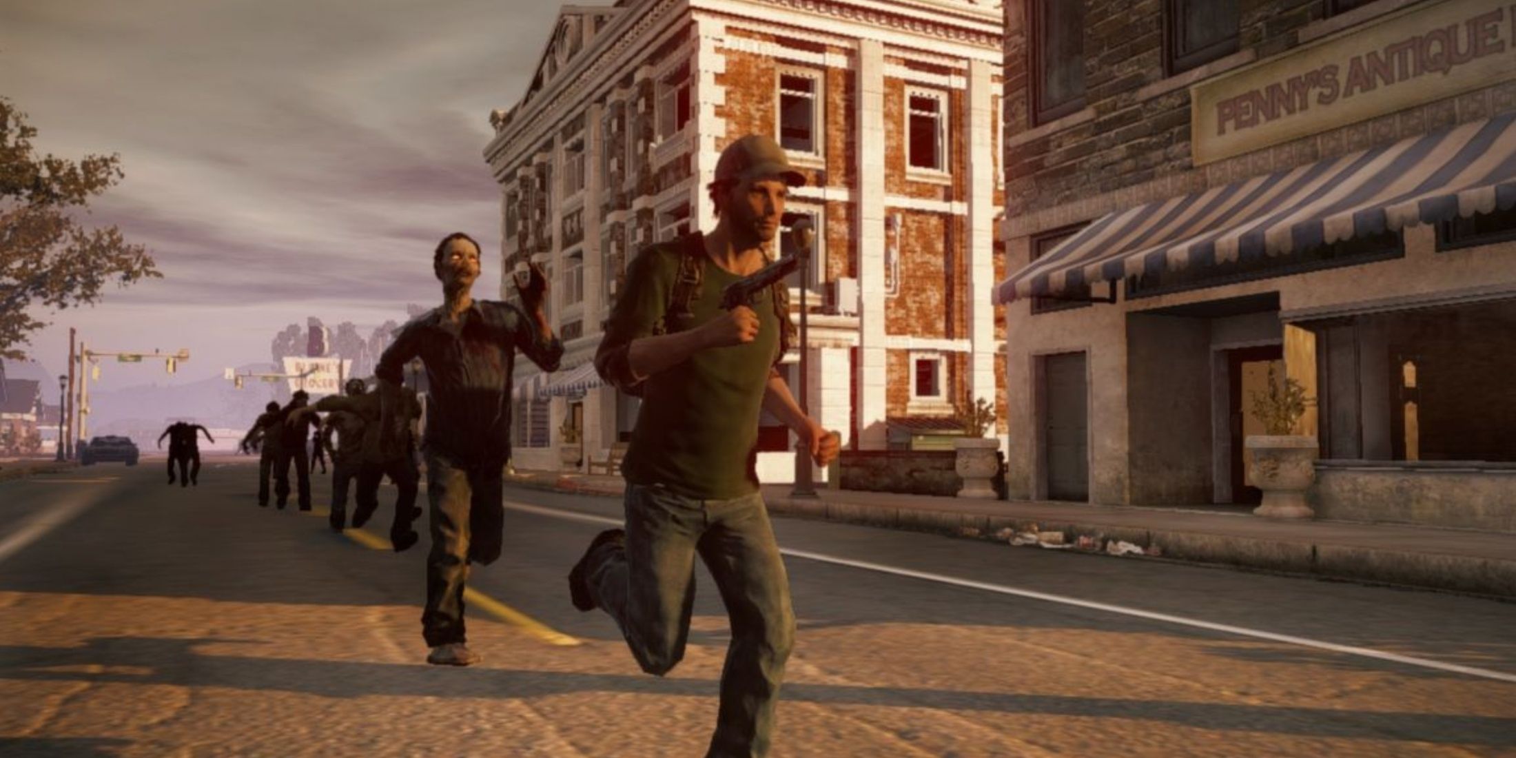 A man running away from zombies through a city