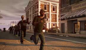 A man running away from zombies through a city
