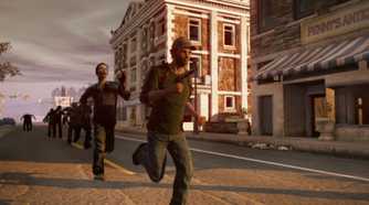 A man running away from zombies through a city