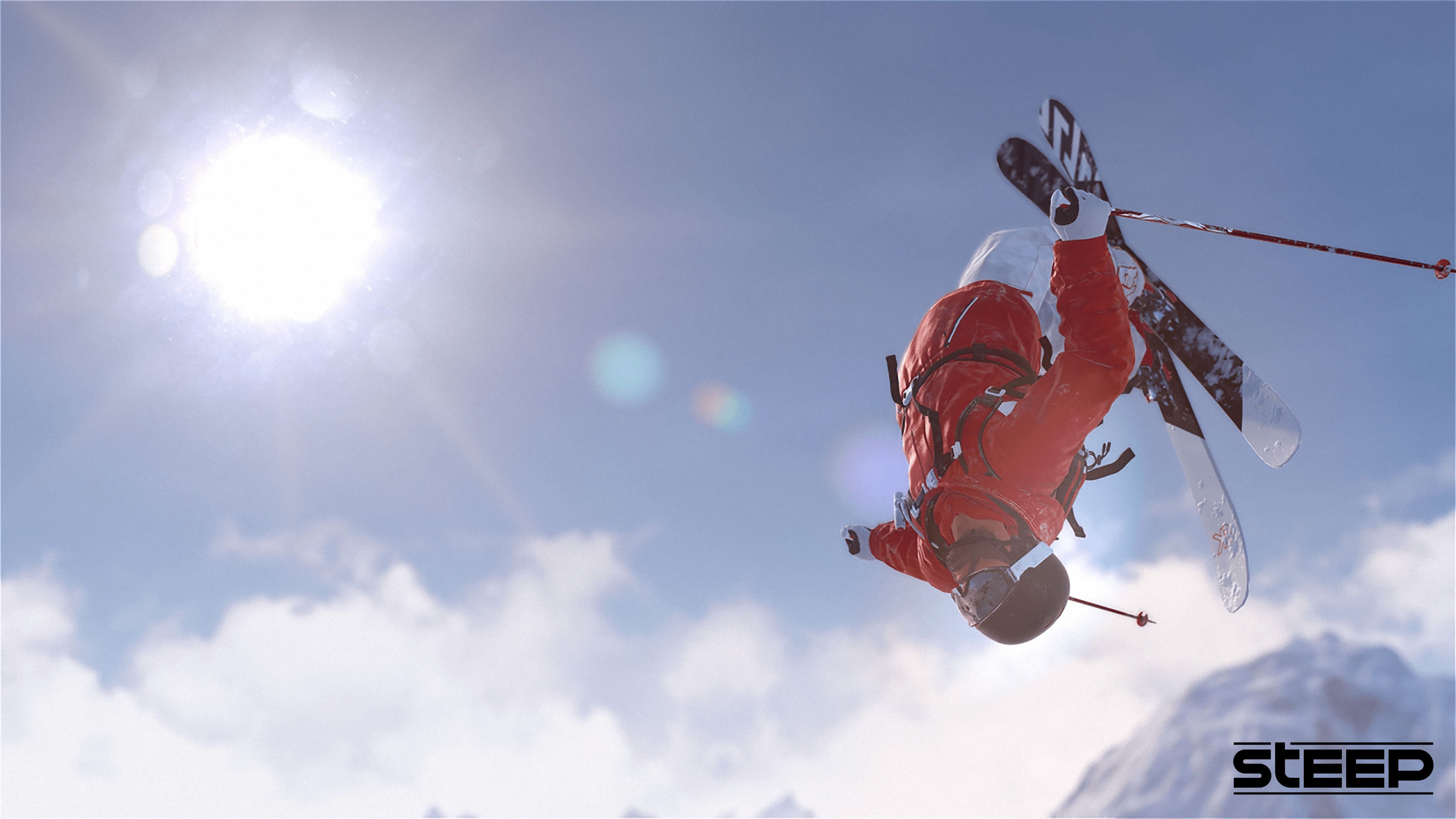 A screenshot from the game Steep, showing a person skiing and in midair.