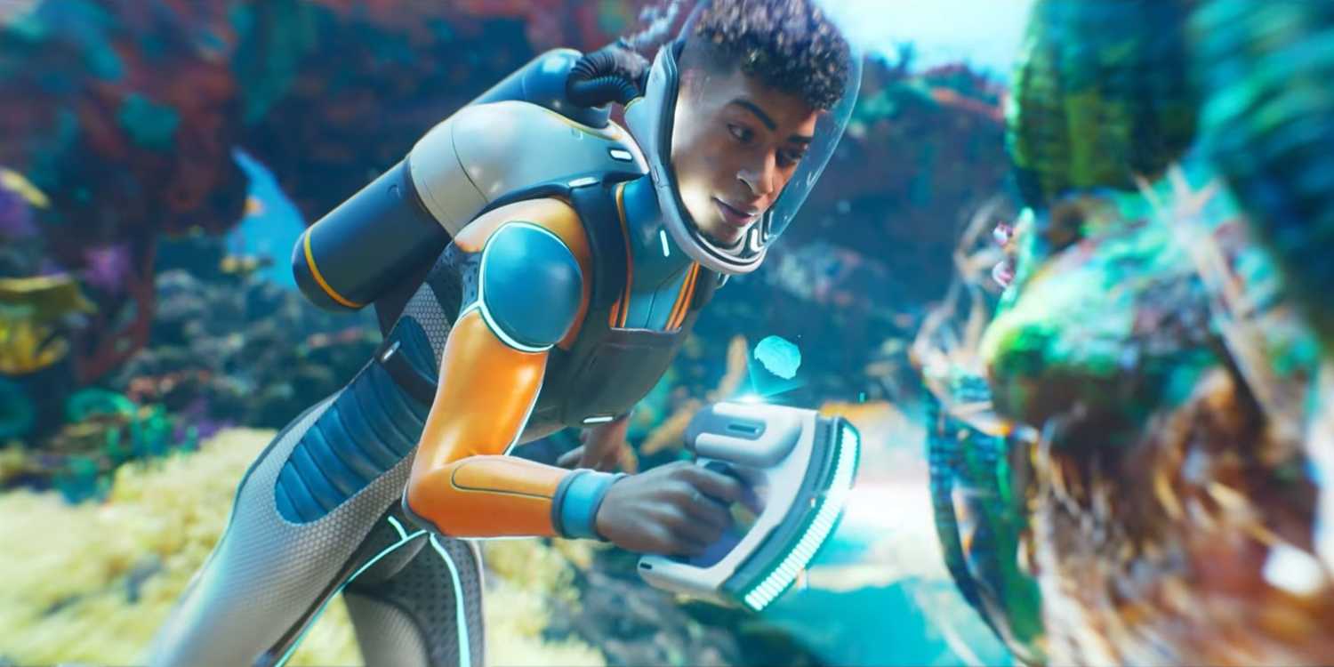 The protagonist of Subnautica 2 scanning wildlife