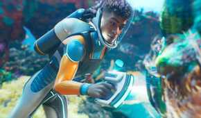 The protagonist of Subnautica 2 scanning wildlife
