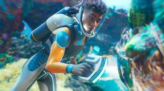 The protagonist of Subnautica 2 scanning wildlife