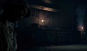 A dark room with an upright corpse on the left side
