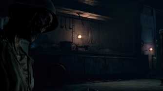A dark room with an upright corpse on the left side