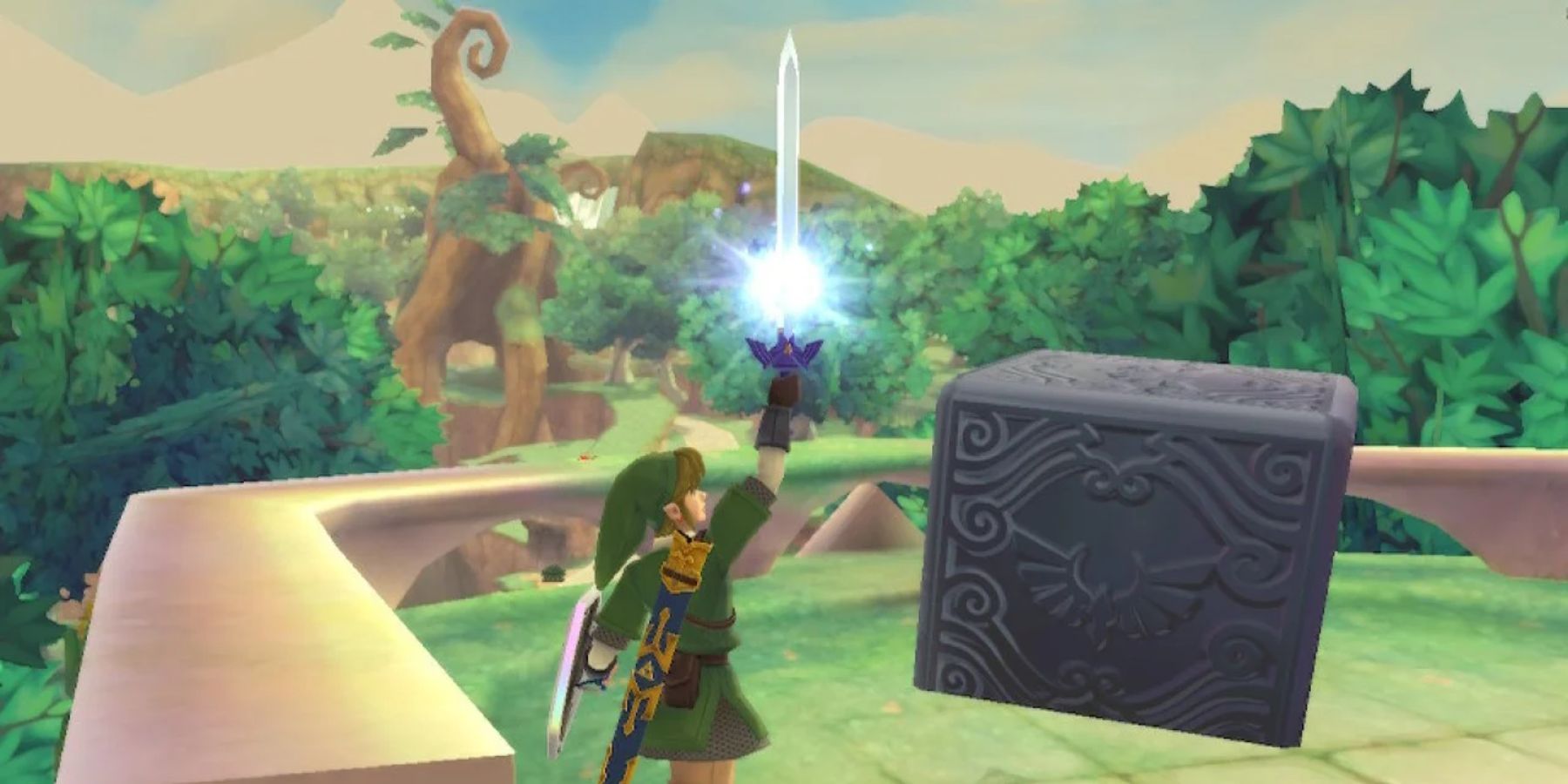 A screenshot of Link holding the Master Sword up in The Legend of Zelda: Skyward Sword