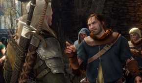 Geralt facing an angry mob of villagers