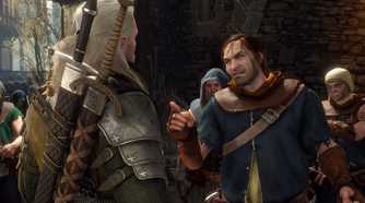 Geralt facing an angry mob of villagers