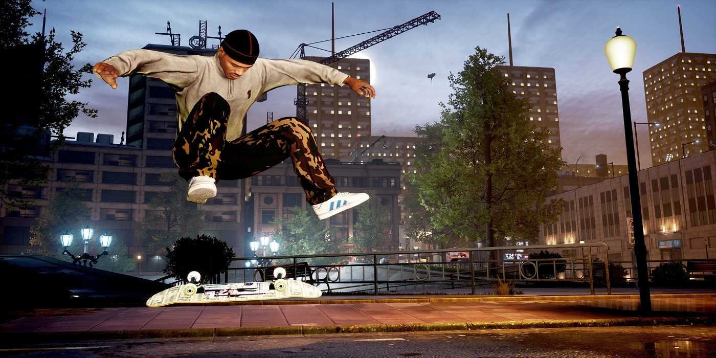Screenshot from Tony Hawk's Pro Skater 1+2 video game of man mid kickflip.