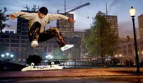 Screenshot from Tony Hawk's Pro Skater 1+2 video game of man mid kickflip.