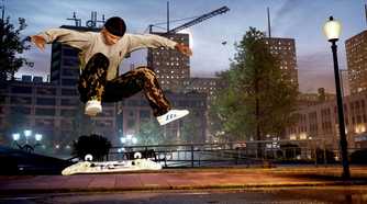 Screenshot from Tony Hawk's Pro Skater 1+2 video game of man mid kickflip.