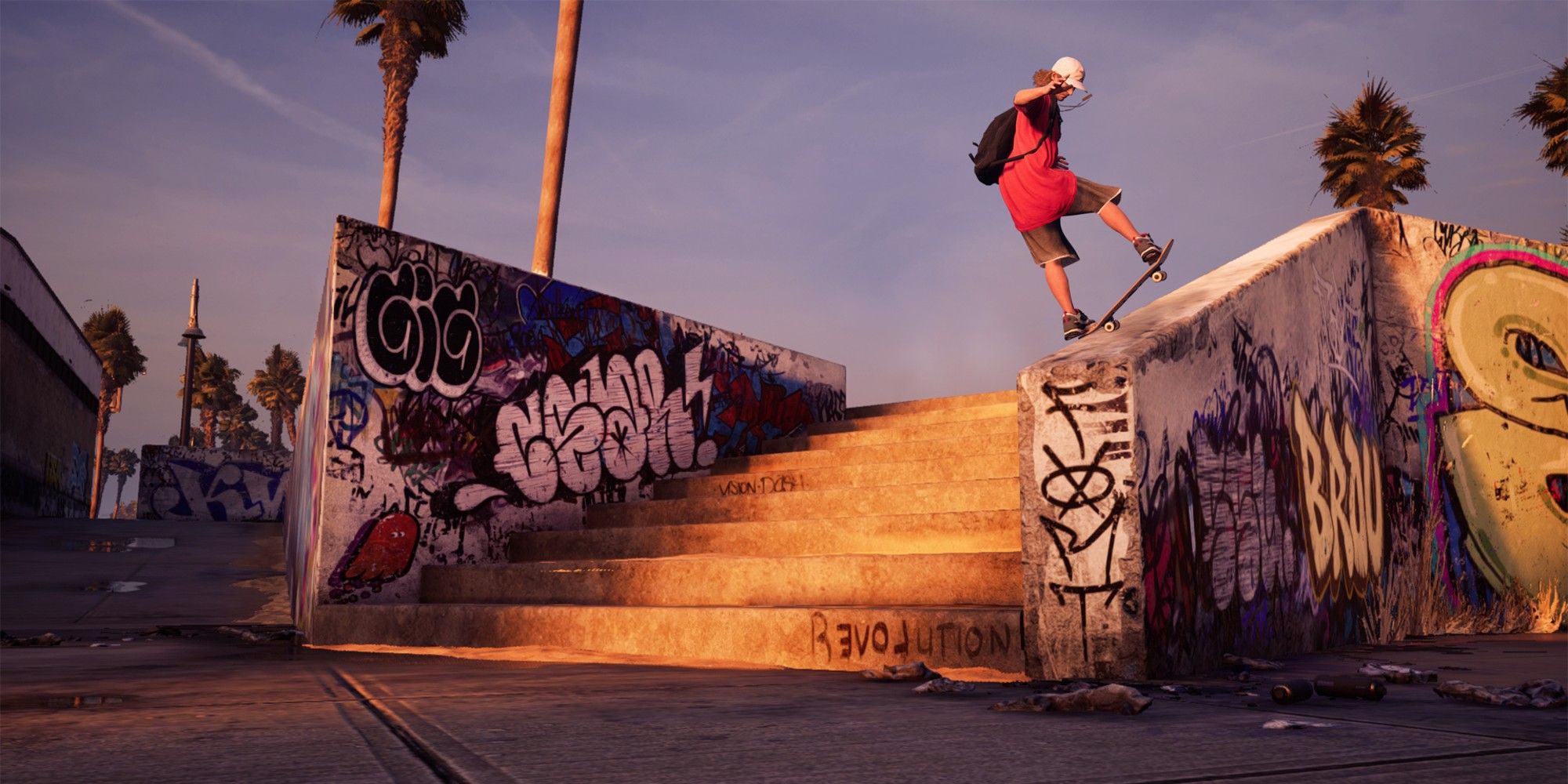 Screenshot from Tony Hawk's Pro Skater 1+2 video game of skater grinding down a stone stair rail