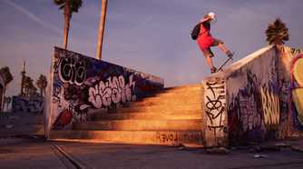 Screenshot from Tony Hawk's Pro Skater 1+2 video game of skater grinding down a stone stair rail