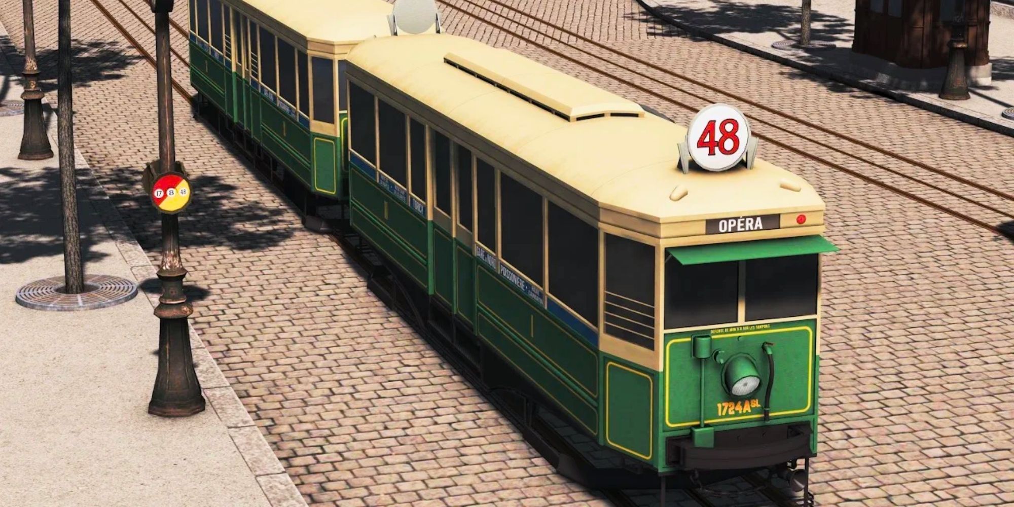 A city tram stopping for passengers