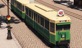 A city tram stopping for passengers