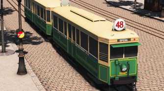 A city tram stopping for passengers