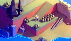 Screenshot from Tunic video game of fox character waving to the player.