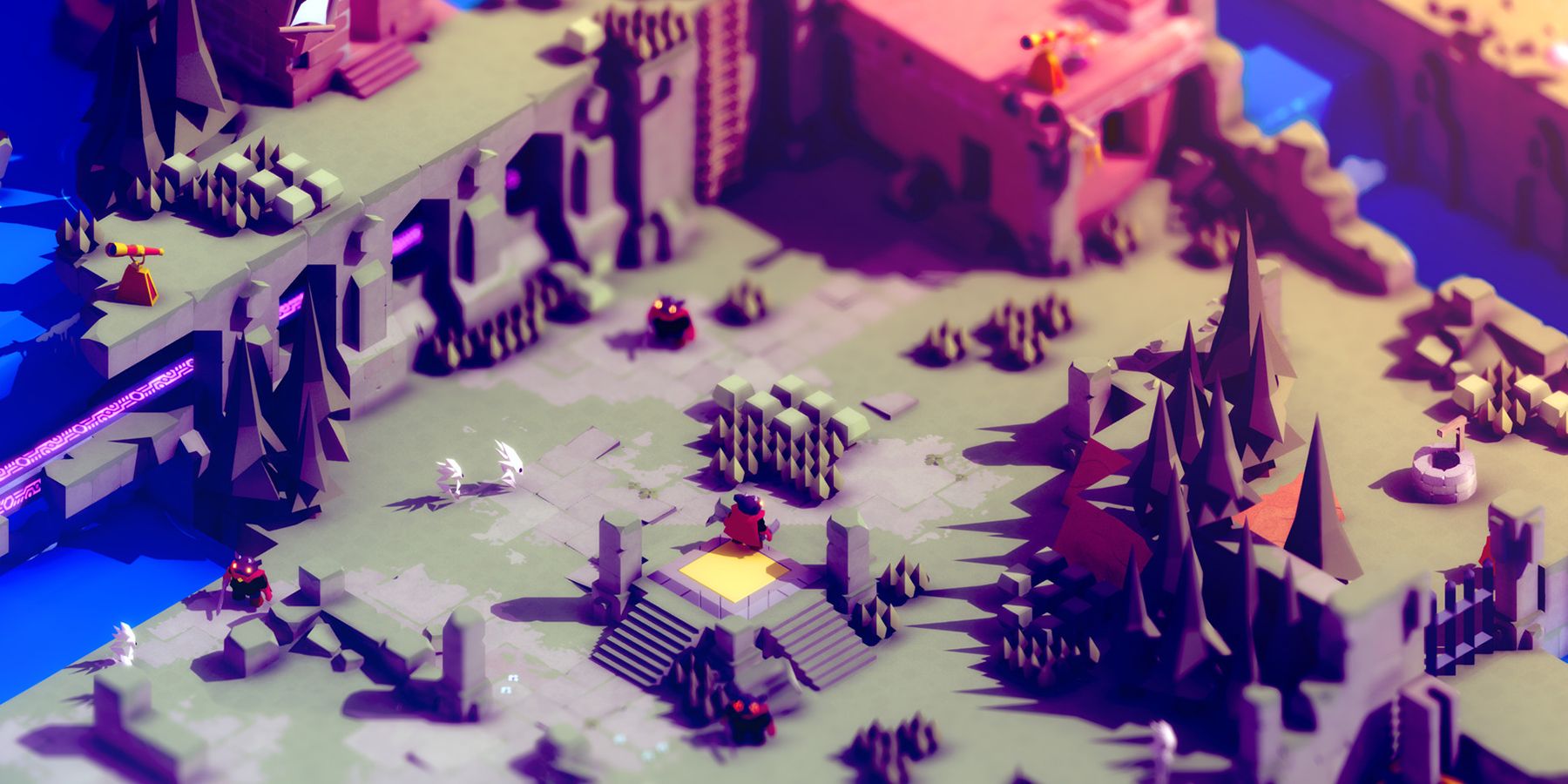 Screenshot from video game Tunic of forest-looking game world from isometric zoomed out view