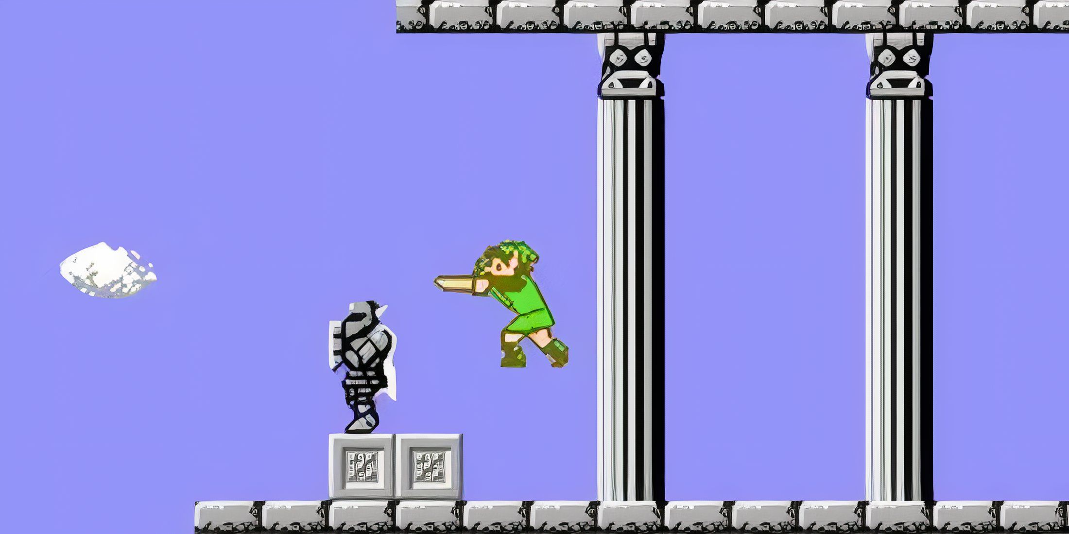 A screenshot of Link at a temple entrance in Zelda II: The Adventure of Link