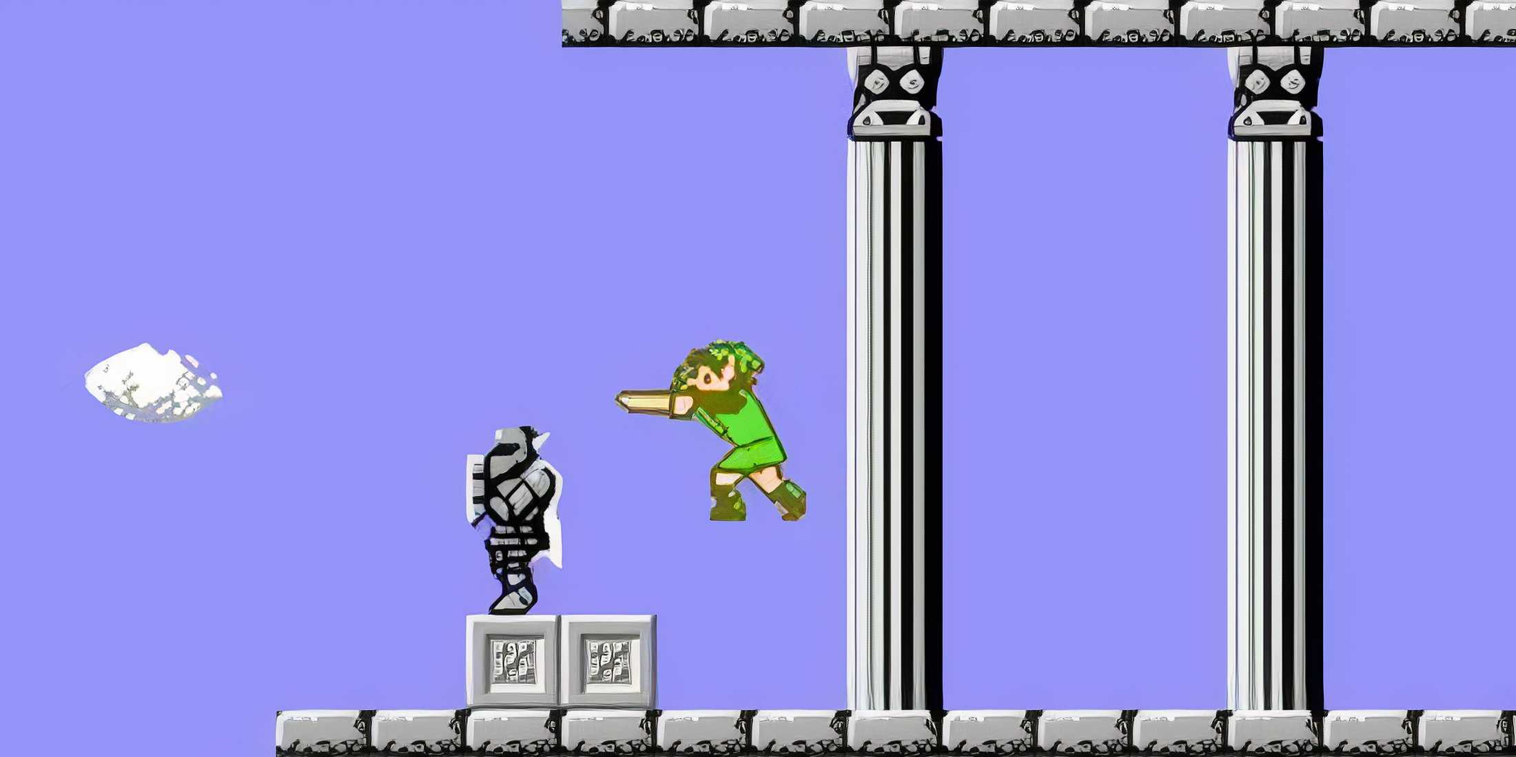 A screenshot of Link at a temple entrance in Zelda II: The Adventure of Link