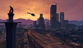 A view of the highrises against the sunset in Los Santos