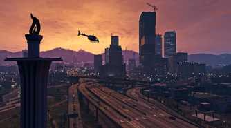 A view of the highrises against the sunset in Los Santos