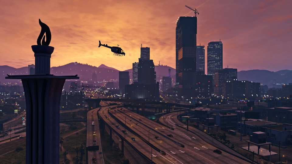 A view of the highrises against the sunset in Los Santos