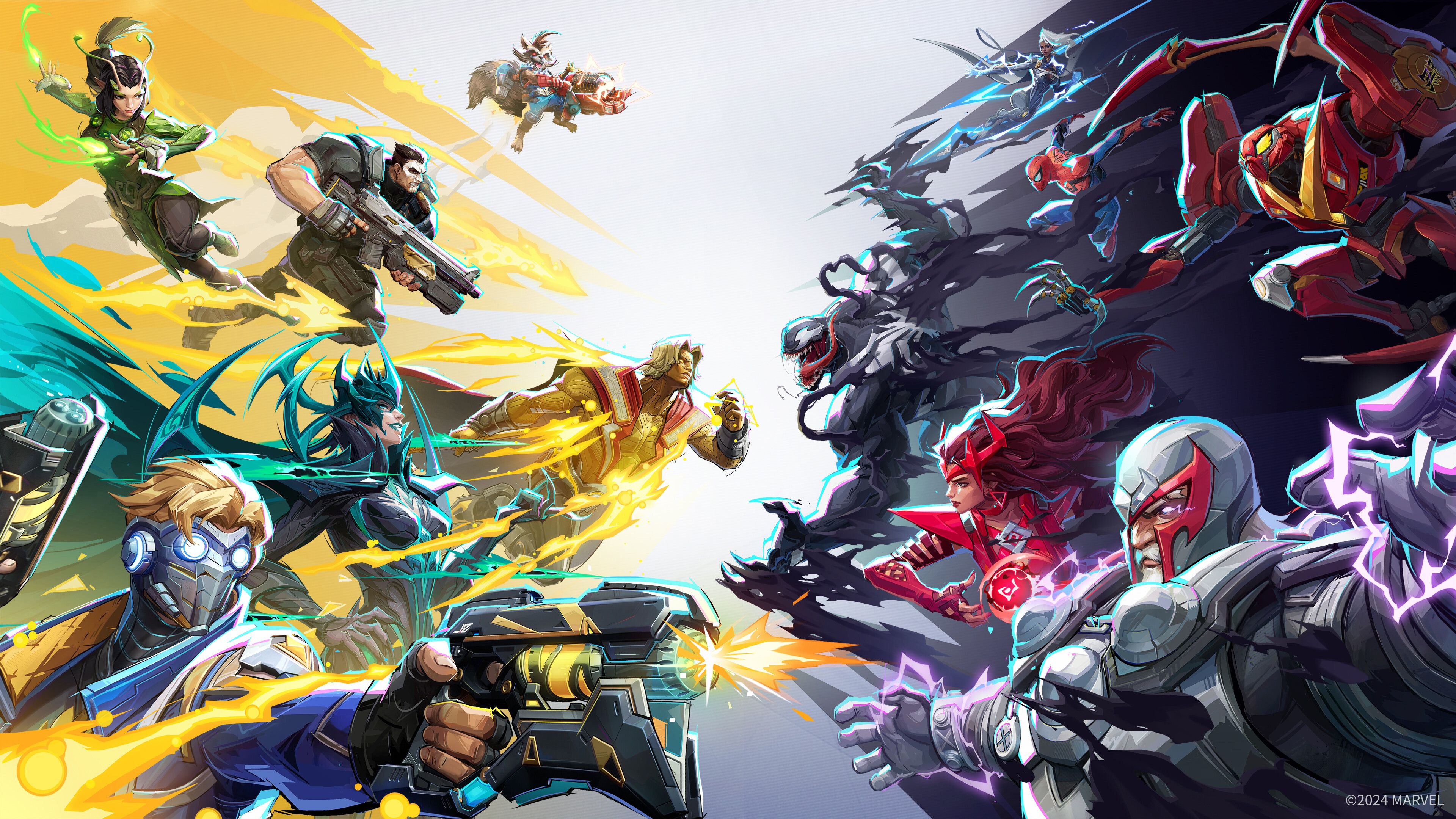 Key art for Marvel Rivals video game with multiple Marvel characters facing each other on either side over a white background.