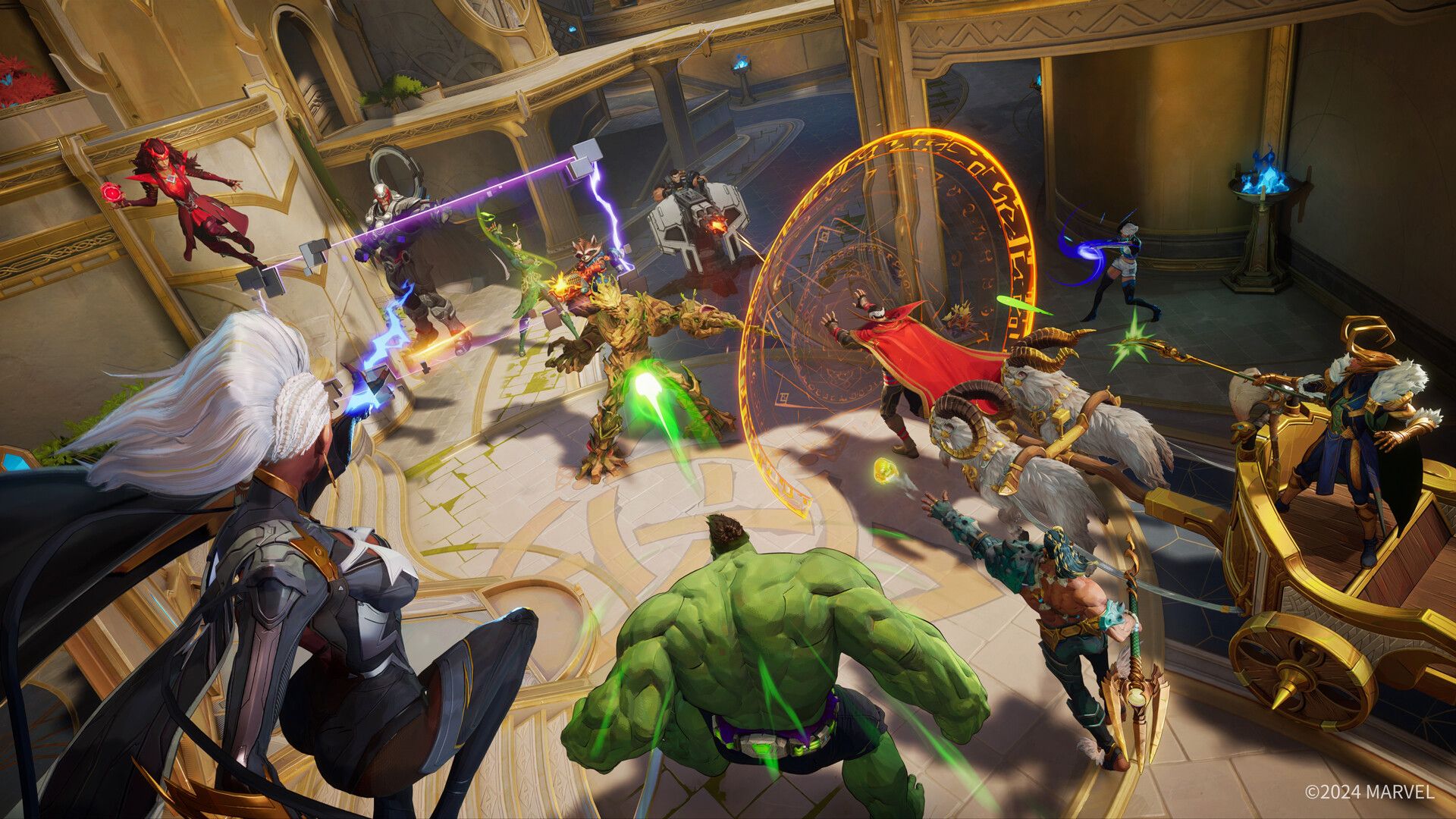 Key art image from Marvel Rivals video game of multiple characters colliding to attack in golden laneway.