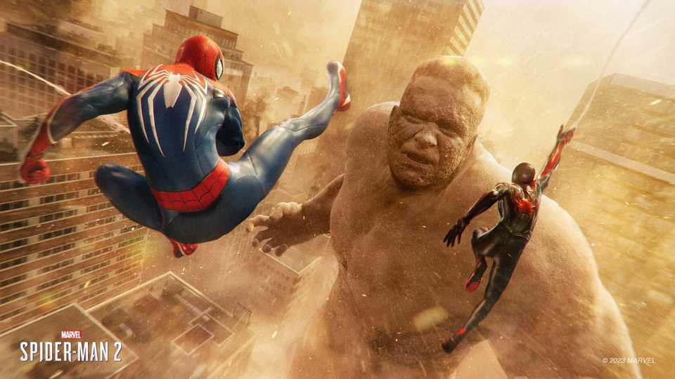 A screenshot of Peter and Miles swinging to fight Sandman in Marvel's Spider-Man 2.