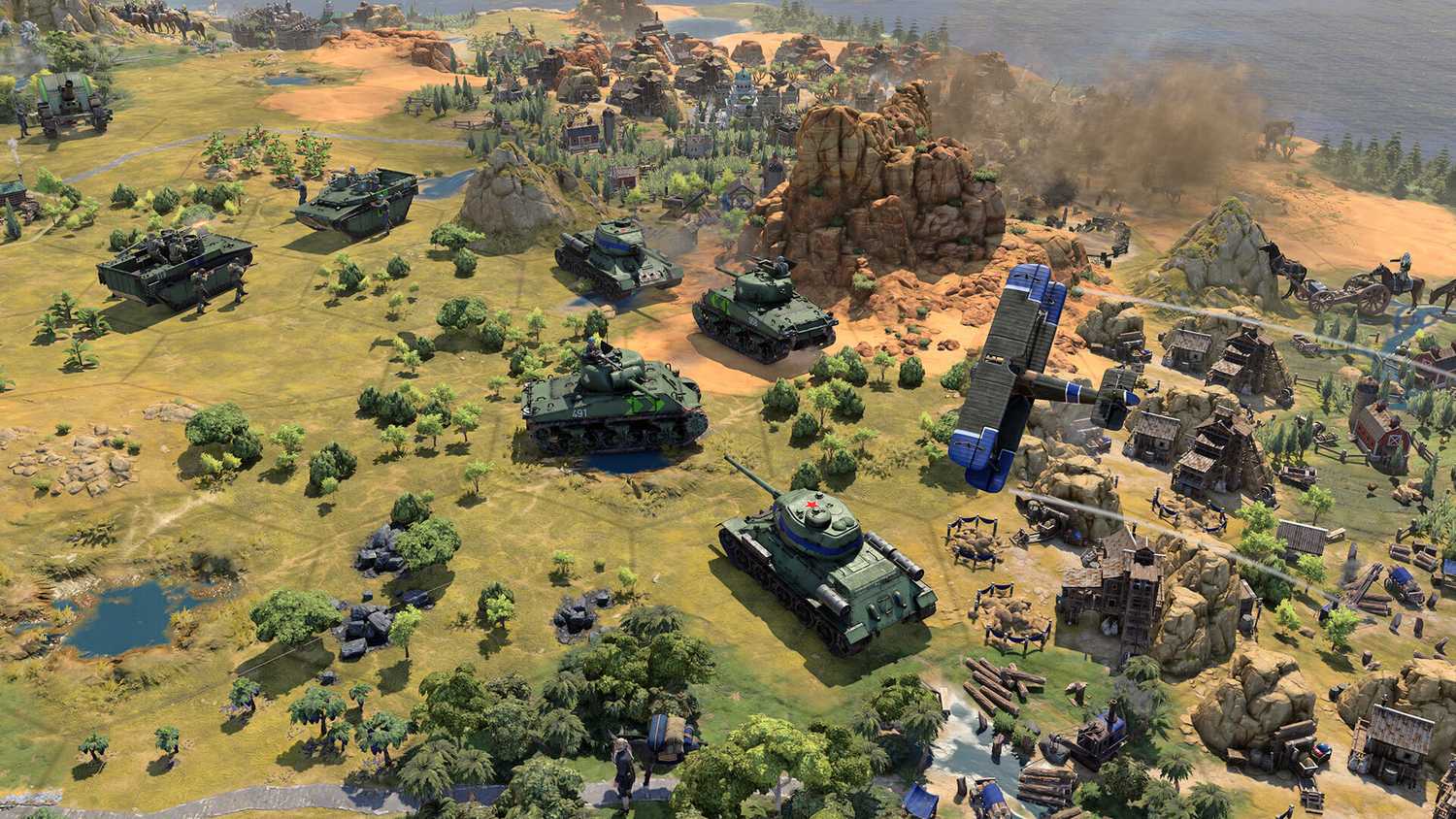 An army of tanks during battle in the modern era