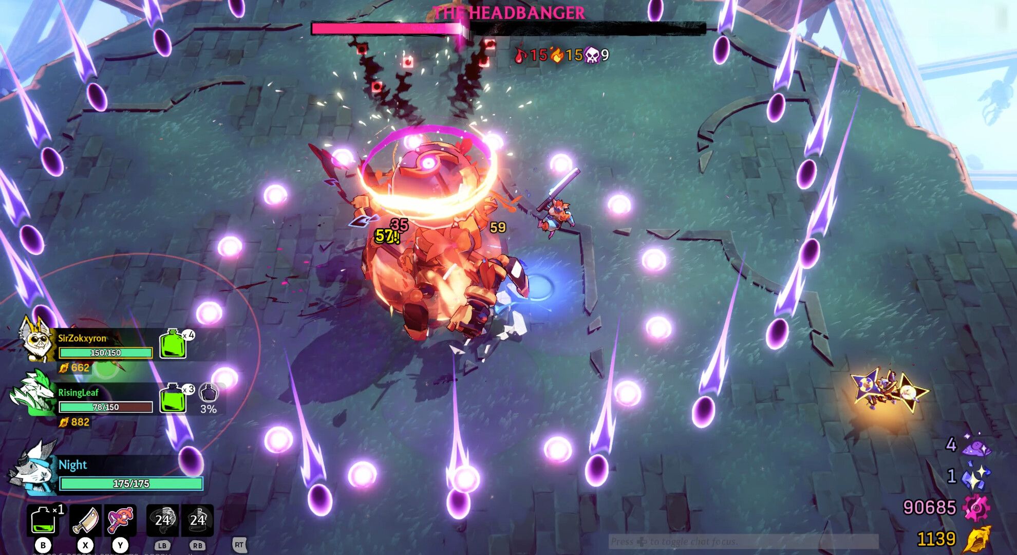 windblown boss fight with purple beams