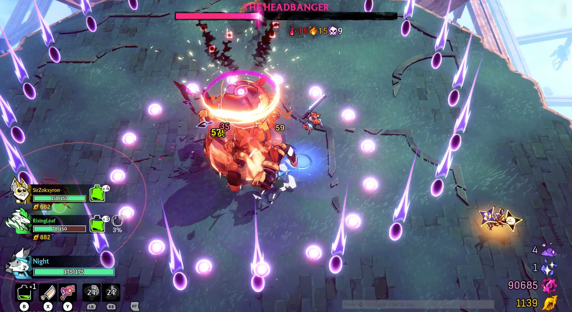 windblown boss fight with purple beams