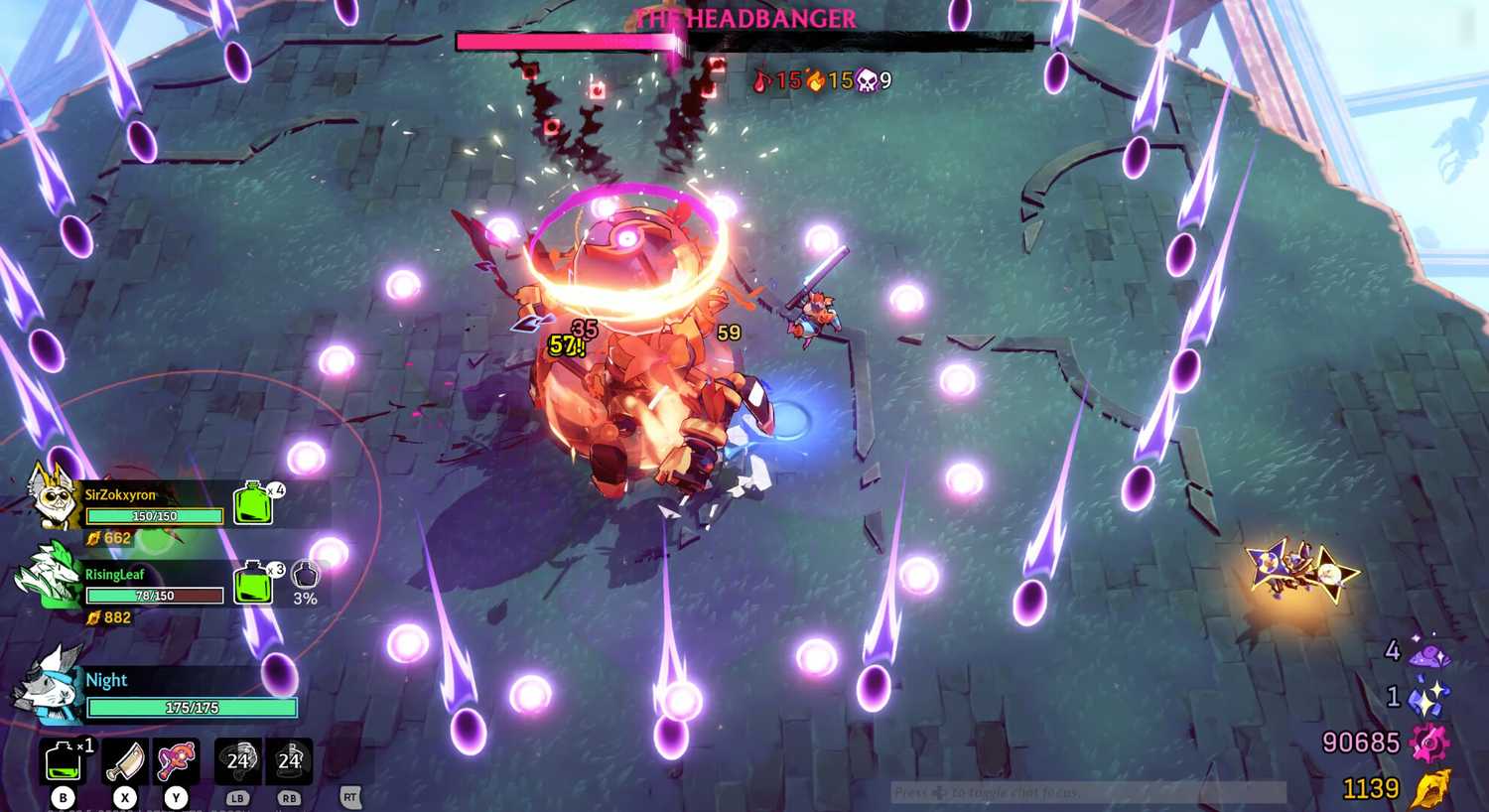 windblown boss fight with purple beams