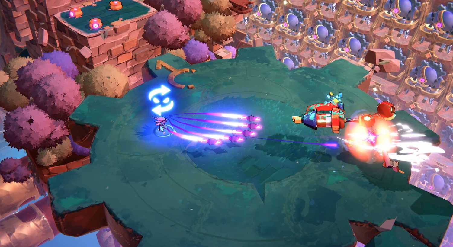 windblown enemy firing purple projectiles